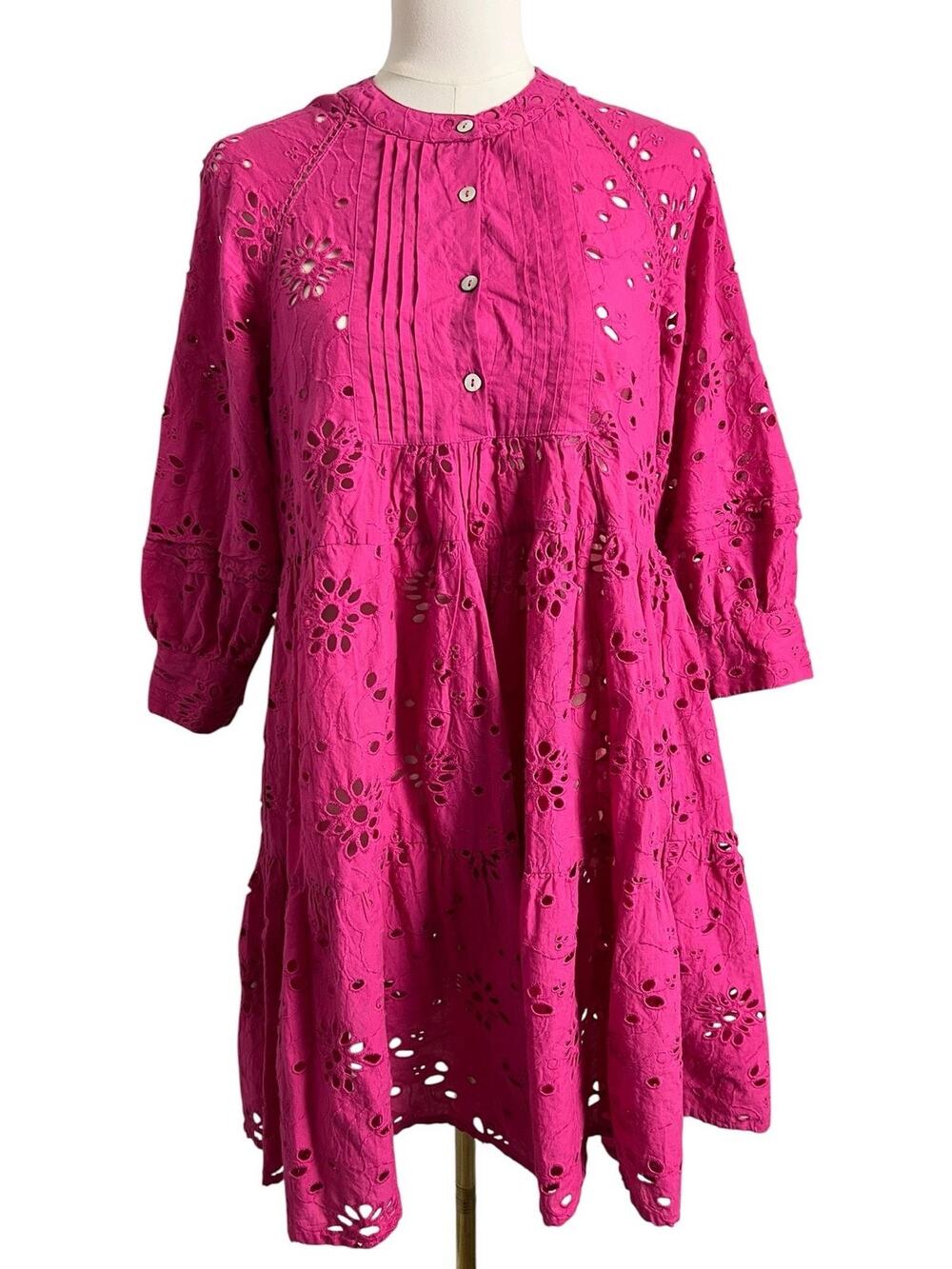dRA Fuchsia Embroidered Babydoll Dress Small Boho Peasant Mini Eyelet Barbiecore
